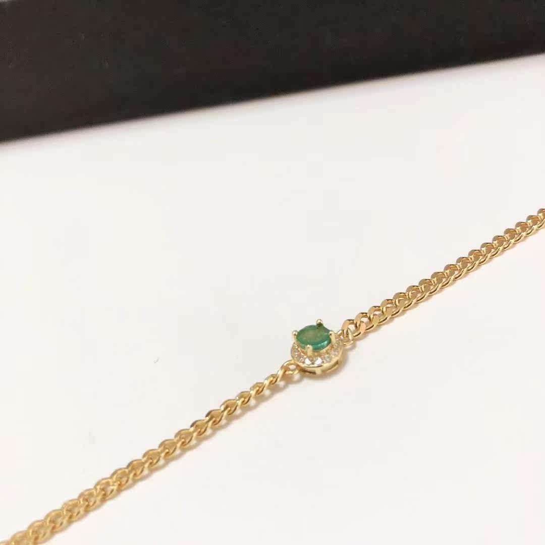S1688# S925纯银镀金祖母绿宝石手链4mm 全长15.5cm 延长链4cm
