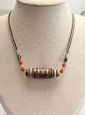 D512# 西藏老玛瑙三眼天珠吊坠锁骨链38*12mm 重量8.44克