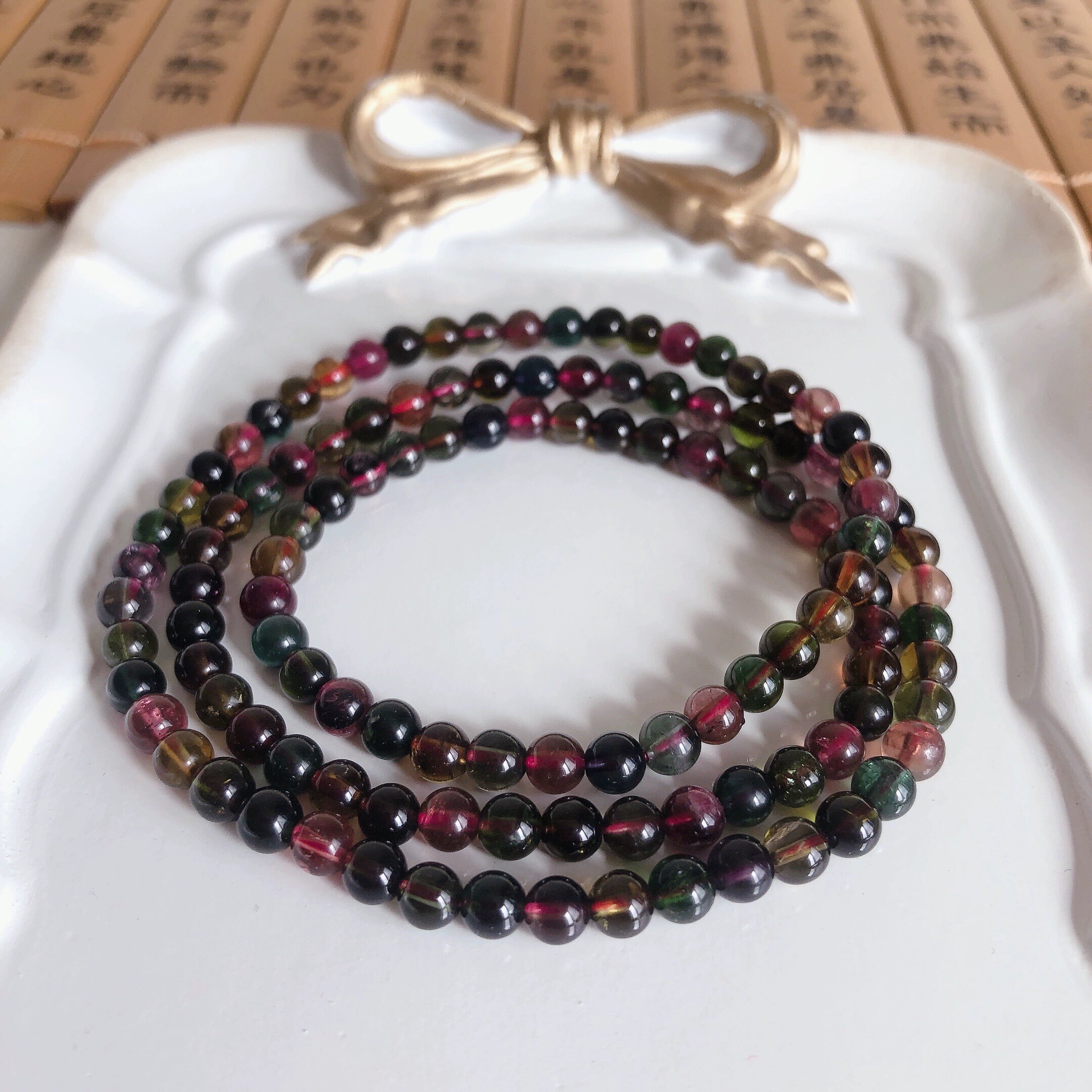 S26#天然巴西JI品老矿料黑玫瑰黑美人碧玺透体三圈手链5mm 19.11g