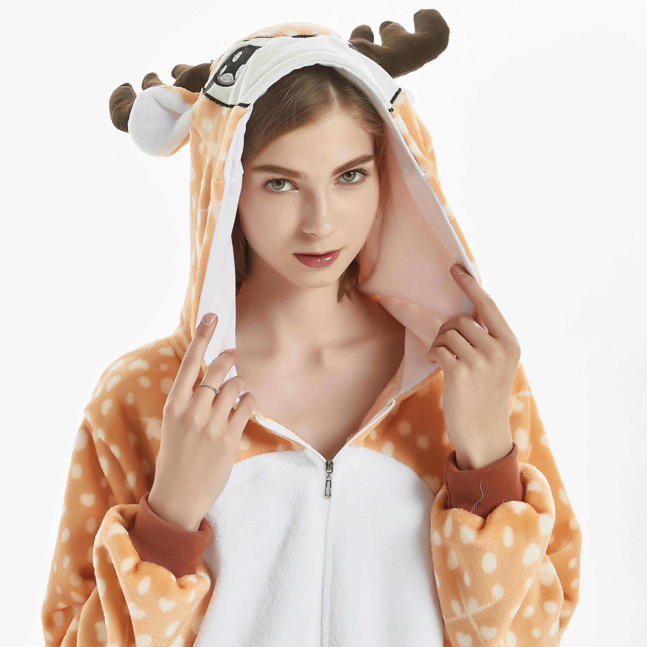 釉雅圣诞麋鹿卡通连体可爱带帽动物卡通动画绣花睡衣居家睡觉学生