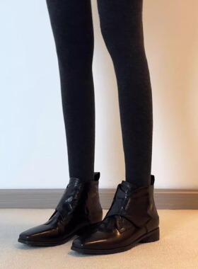 六鹿 羊皮复古黑色魔术贴时装短靴女 秋冬英伦风加绒方跟增高单靴