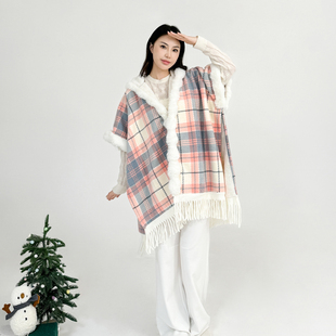 格纹仿兔毛连帽斗篷披肩女冬季加厚流苏披肩式外套