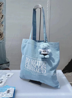 车静媛同款MARITHE限定牛仔色字母大容量帆布女大学生托特单肩包
