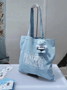 车静媛同款MARITHE限定牛仔色字母大容量帆布女大学生托特单肩包