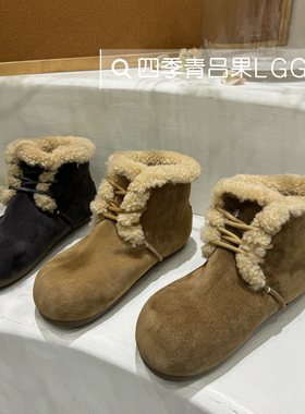 羊羔毛重工欧货温暖治愈感加厚雪地靴女25内增高4cm系带土豆短靴