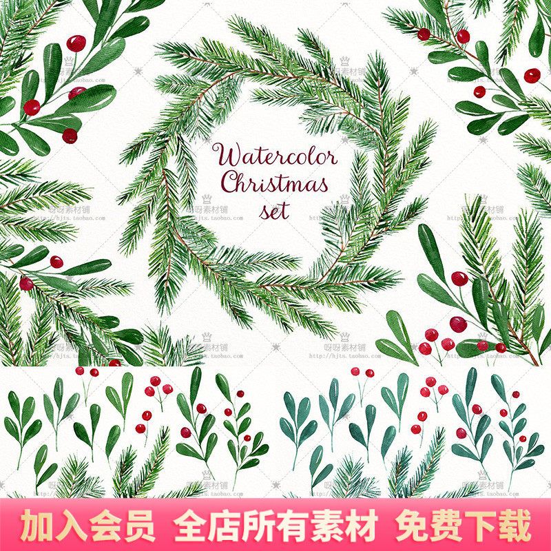 手绘水彩圣诞节松树枝树叶果实花环卡片海报包装png免抠设计素材