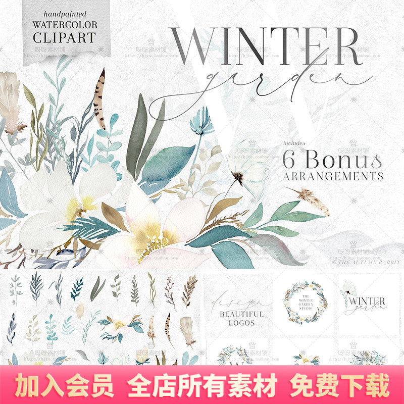 手绘水彩花卉叶子羽毛png免抠婚礼请柬海报文字水印logo设计素材