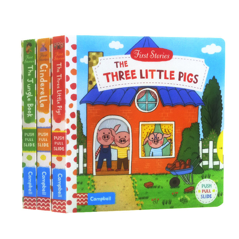 英文原版 3册经典童话故事纸板机关操作书Three Little Pigs三只小猪森林王子灰姑娘等  First Stories BUSY亲子英语启蒙认知绘本