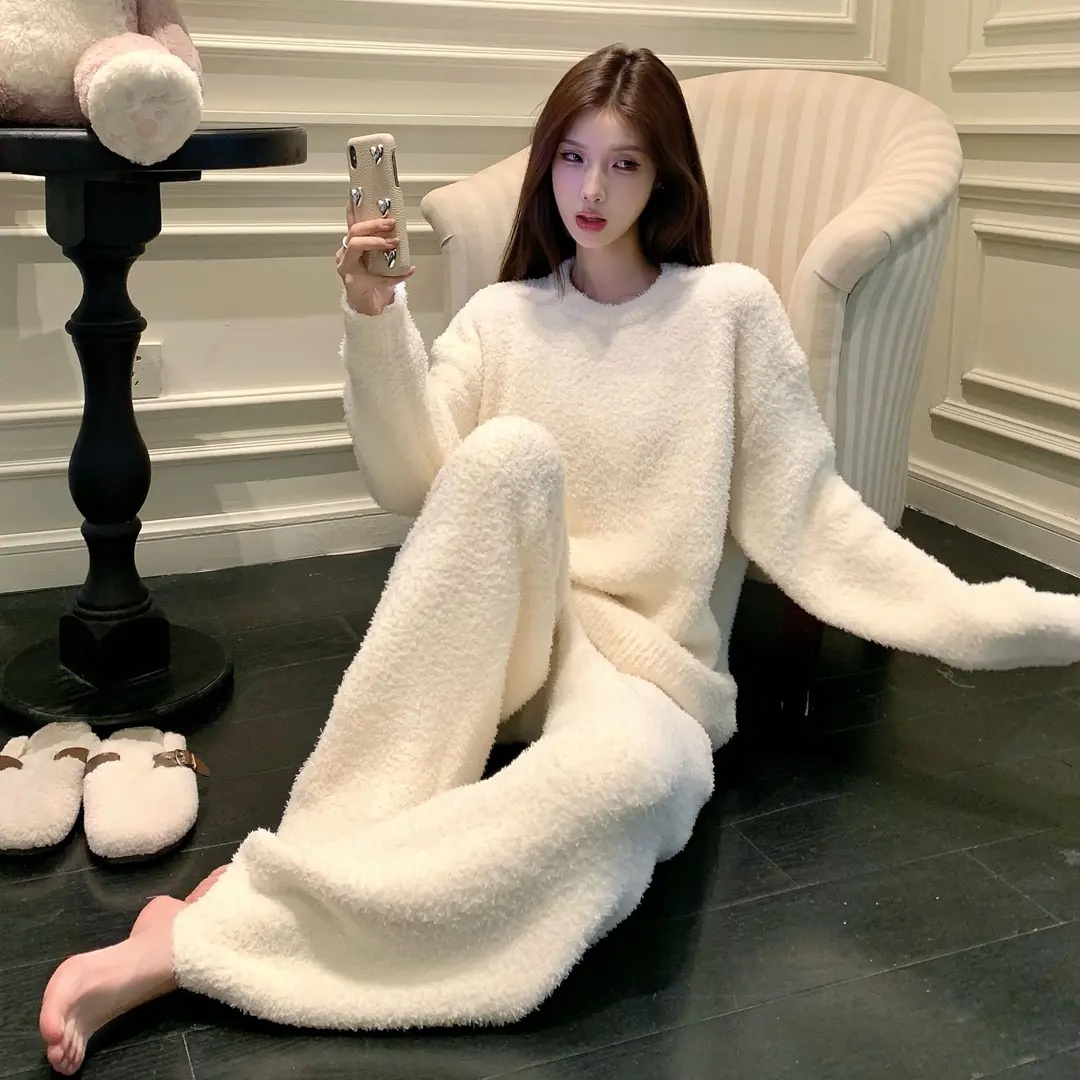 冬季加绒加厚半边绒女睡衣套装