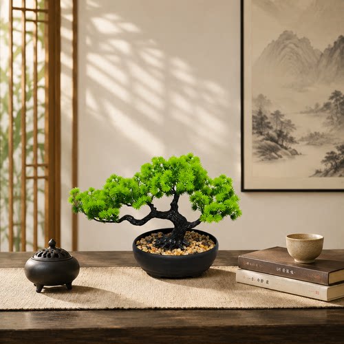 中式禅意松树仿真盆景摆件