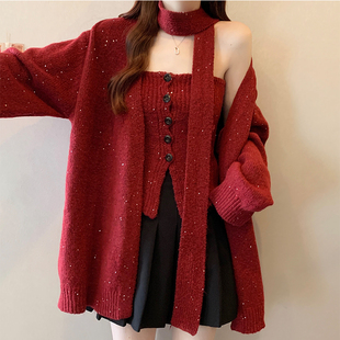 亮闪闪飘带挂脖红色毛衣外套女冬大码胖mm吊带背心针织开衫两件套