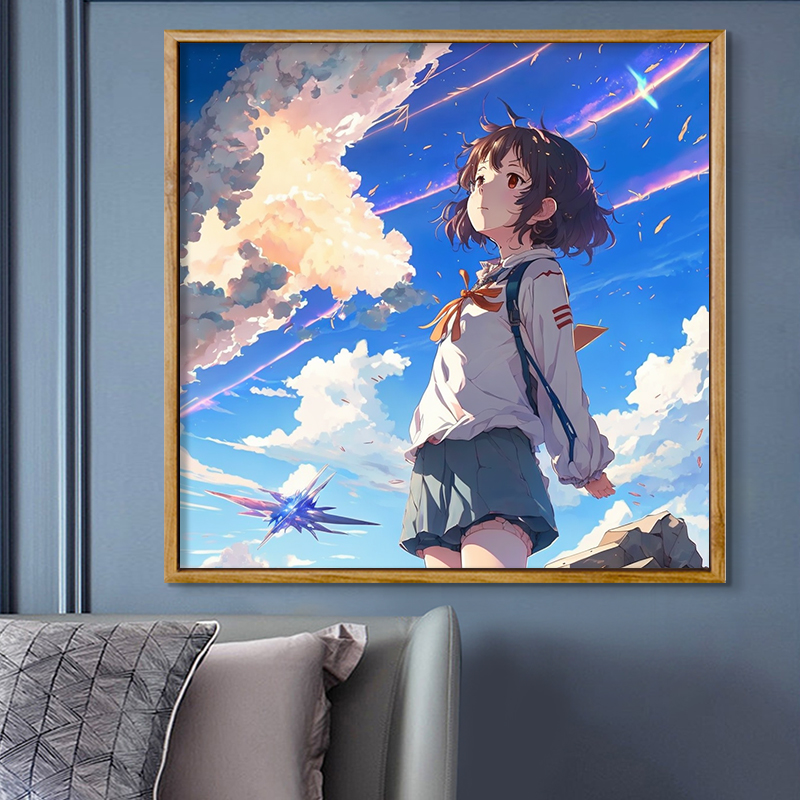 仰望天空 diy数字油画动漫少女仰望星空涂色画填充卡通手绘装饰画