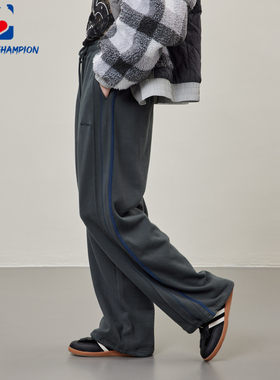 公鸡冠军深灰色直筒运动卫裤女宽松秋季侧边条纹撞色复古重磅长裤