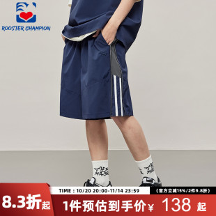 宽松深蓝色侧边拉链两条杠高街休闲五分裤 新款 男夏季 公鸡冠军短裤