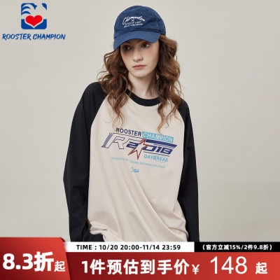 公鸡冠军浅杏印花重磅长袖T恤