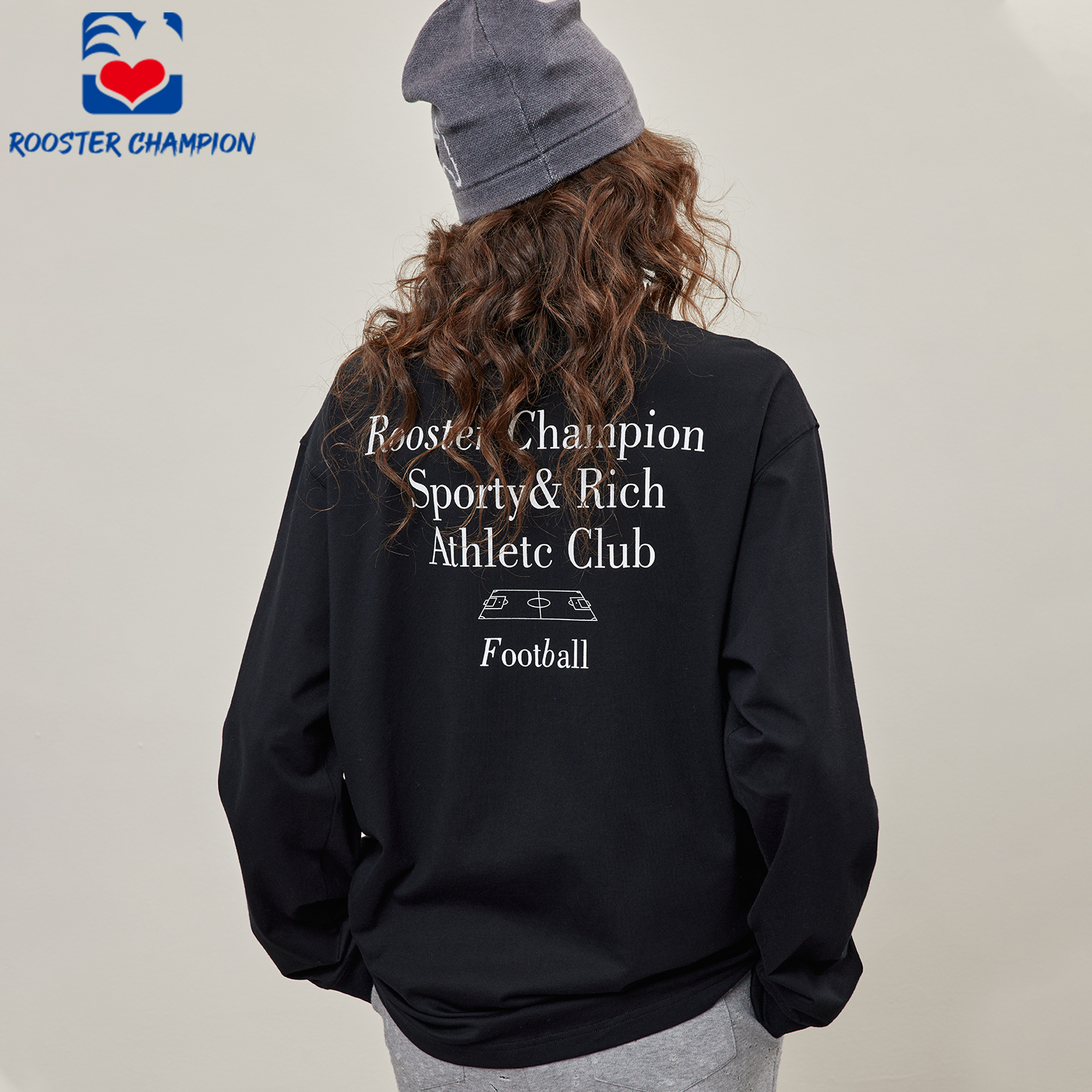 公鸡冠军黑色纯棉重磅长袖T恤女