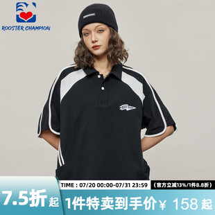 黑色美式 公鸡冠军短袖 新款 POLO衫 翻领珠地棉情侣重磅T恤潮 男夏季