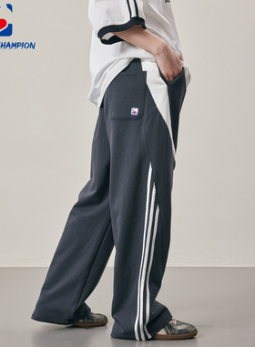 公鸡冠军深灰色直筒卫裤男秋季宽松廓型侧边织带拼接重磅运动长裤