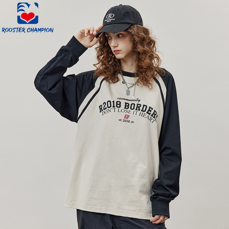 公鸡冠军黑色复古情侣长袖T恤男