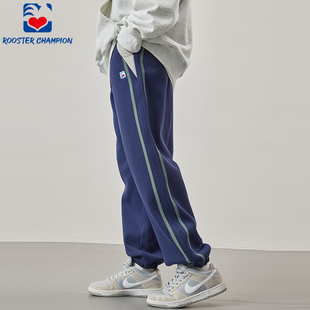 深蓝束脚侧边拼接保暖条纹加绒运动长裤 冬季 潮 男新款 公鸡冠军卫裤