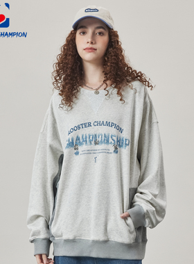 公鸡冠军花灰色圆领重磅卫衣男秋季潮流印花撞色套头廓型落肩外套