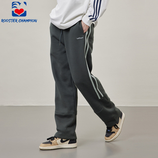 公鸡冠军深灰拼接直筒卫裤 潮 男秋冬撞色刺绣条纹休闲加绒重磅长裤