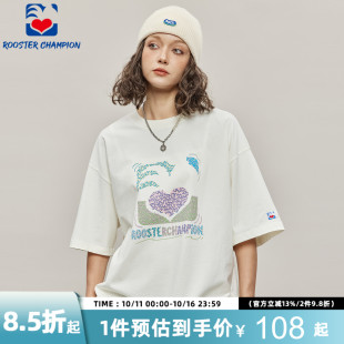 奶油白宽松logo印花高街潮牌情侣半袖 新款 T恤男夏季 公鸡冠军短袖
