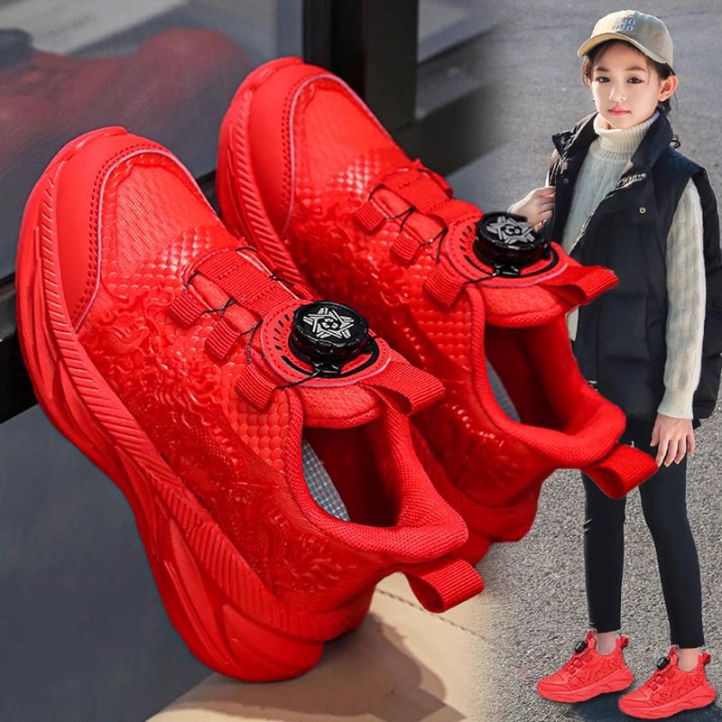 大童女鞋春秋透气轻便红色跑步鞋