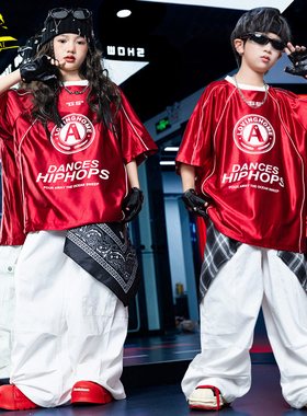 儿童街舞服男女童炫酷嘻哈红色T恤hiphop舞蹈服架子鼓走秀演出服