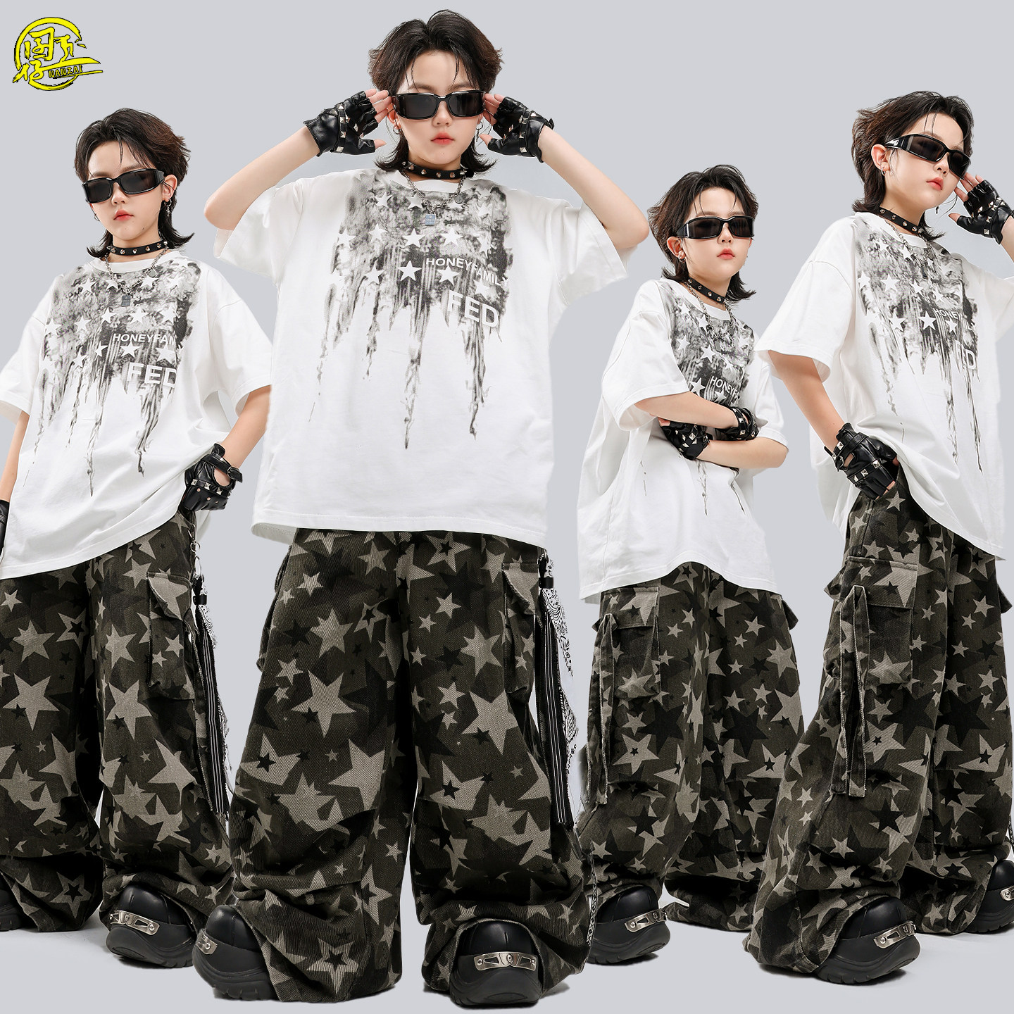 儿童嘻哈街舞演出服男女童潮牌白色T恤迷彩裤hiphop架子鼓演出服