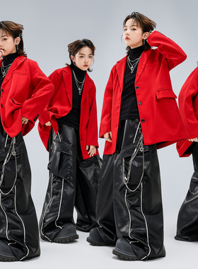 儿童街舞服装男女童酷帅西装皮裤嘻哈locking机械舞架子鼓演出服