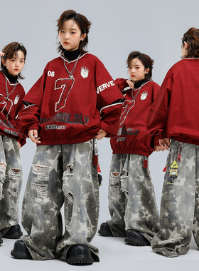 儿童街舞服男女童潮牌美式卫衣迷彩裤嘻哈hiphop架子鼓舞蹈演出服