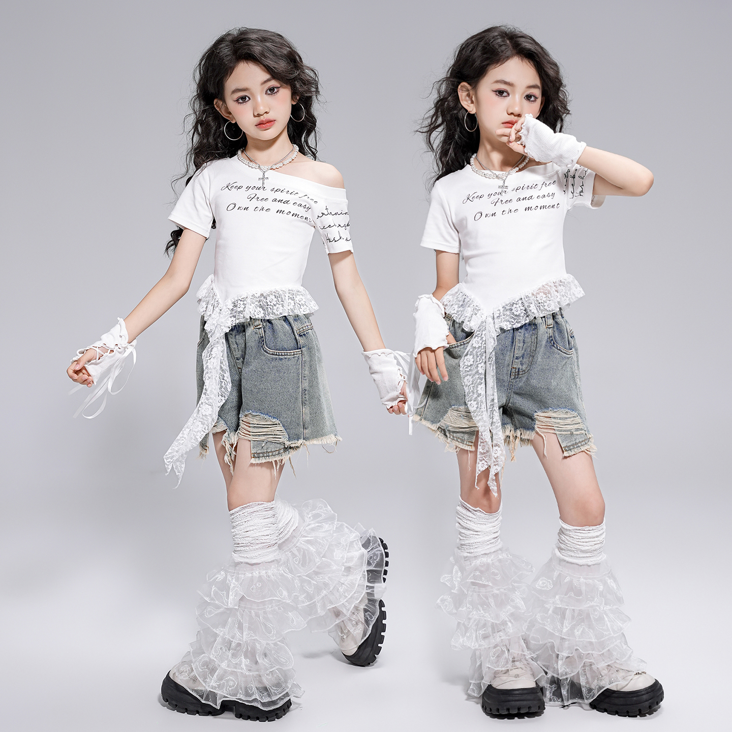 女童蕾丝上衣爵士舞走秀演出服装