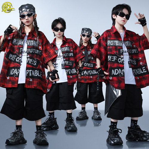 儿童格子衬衫嘻哈街舞演出服套装