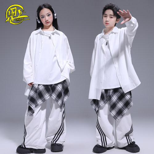 儿童街舞潮服酷帅白衬衫演出服