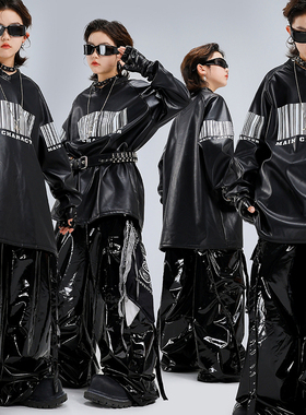 少儿嘻哈街舞潮服男女童酷帅黑色皮衣套装hiphop架子鼓走秀演出服