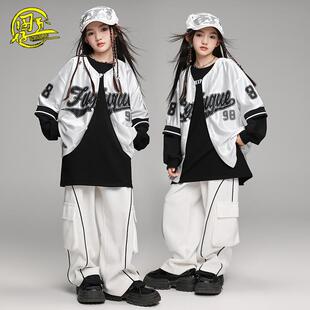 少儿嘻哈街舞演出服男女童银色棒球服hiphop架子鼓服爵士舞走秀服