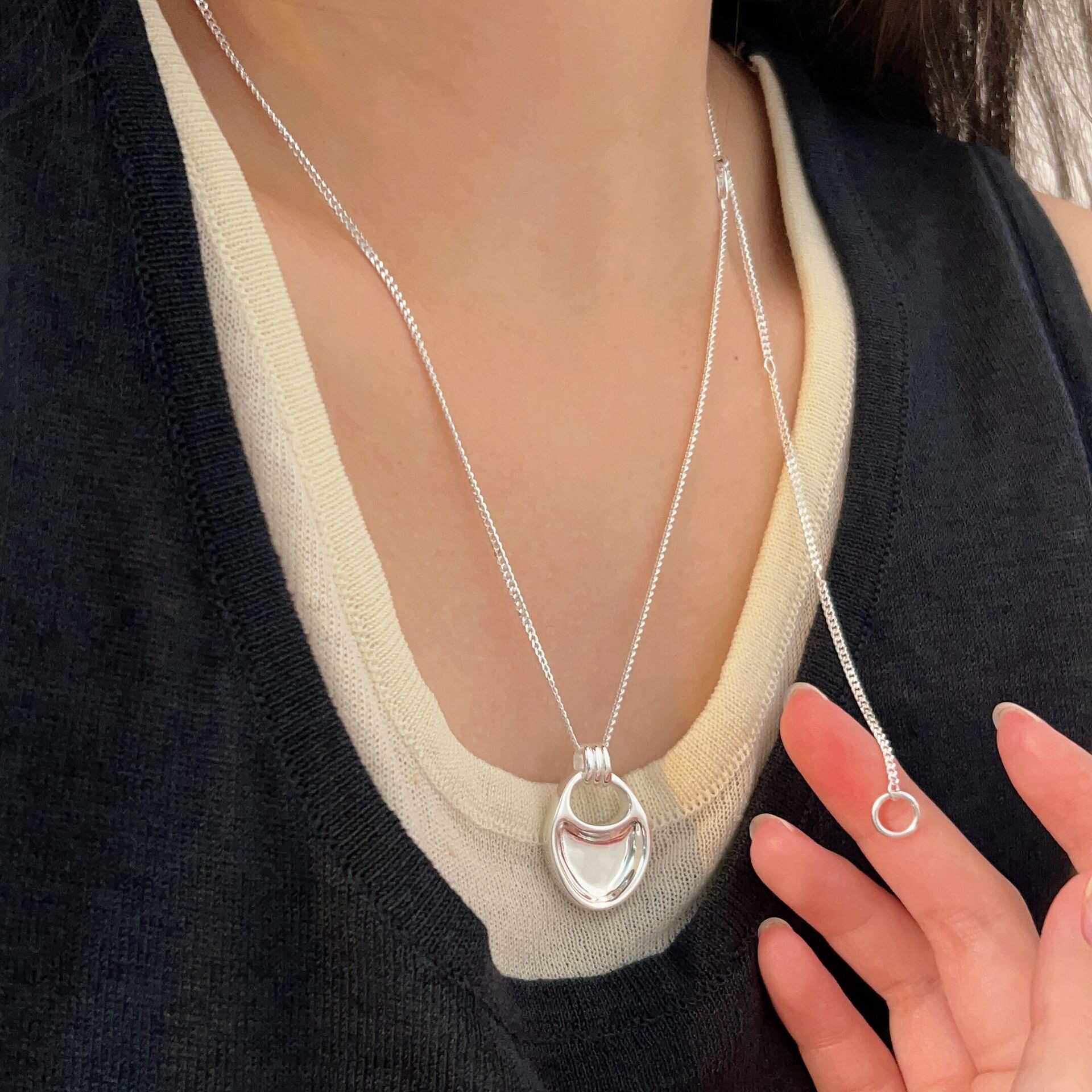 通体S925纯银马鞍包项链女小众时尚重工不规则毛衣链高级感冷淡风