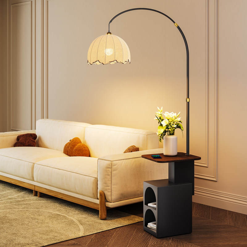 中古客厅沙发边钓鱼灯落地灯置物架一体台灯设计师复古卧室氛围灯