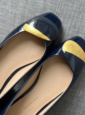 Rupert Sanderson深蓝色2.5CM金跟粗跟低跟方头鸳鸯扣单鞋女鞋