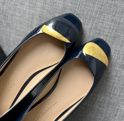 Rupert Sanderson深蓝色2.5CM金跟粗跟低跟方头鸳鸯扣单鞋女鞋