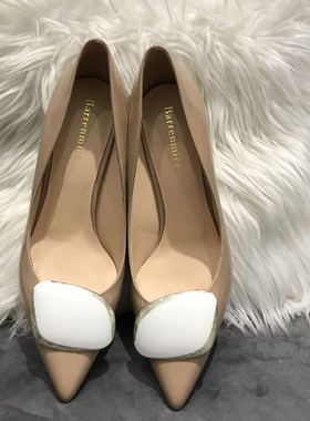 Barrenmier&rupert新款银箔高跟漆皮女鞋尖头半码拼色扣裸色单鞋