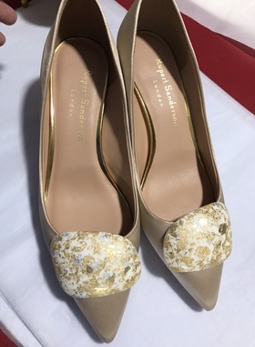 Rupert Sanderson香槟色真丝高跟尖头碎花扣女单鞋