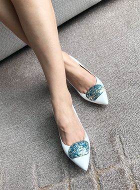 Rupert Sanderson2021年新款金箔跟低跟早春女鞋真皮雪花扣春单鞋