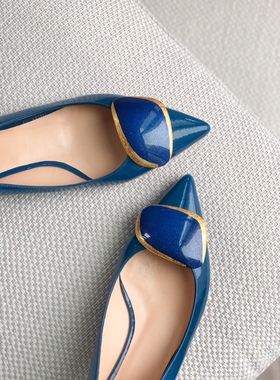 2021年春季新款Rupert Sanderson金箔配拼色扣低跟单鞋尖头女鞋