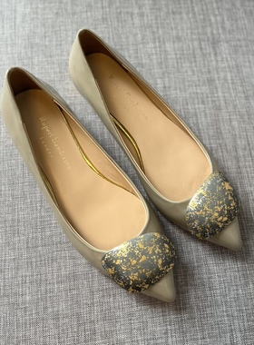 Rupert Sanderson灰色漆皮纯金箔碎花扣低跟女鞋尖头粗跟女单鞋