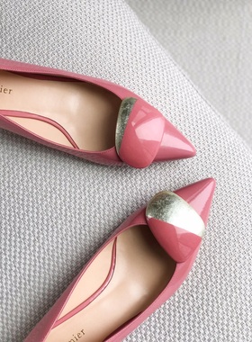 Barrenmier&Rupert新款银箔低跟漆皮女鞋浅口尖头拼色鸳鸯扣单鞋