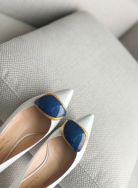 Barrenmier&rupert Sanderson早春新款金箔跟真皮撞色扣春单鞋