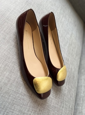 Rupert Sanderson 车厘子色2.5CM金跟粗跟低跟方头金色片扣单鞋女