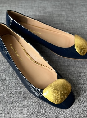 Rupert Sanderson深蓝色漆皮2.5CM金跟粗跟低跟方头金扣单鞋女鞋